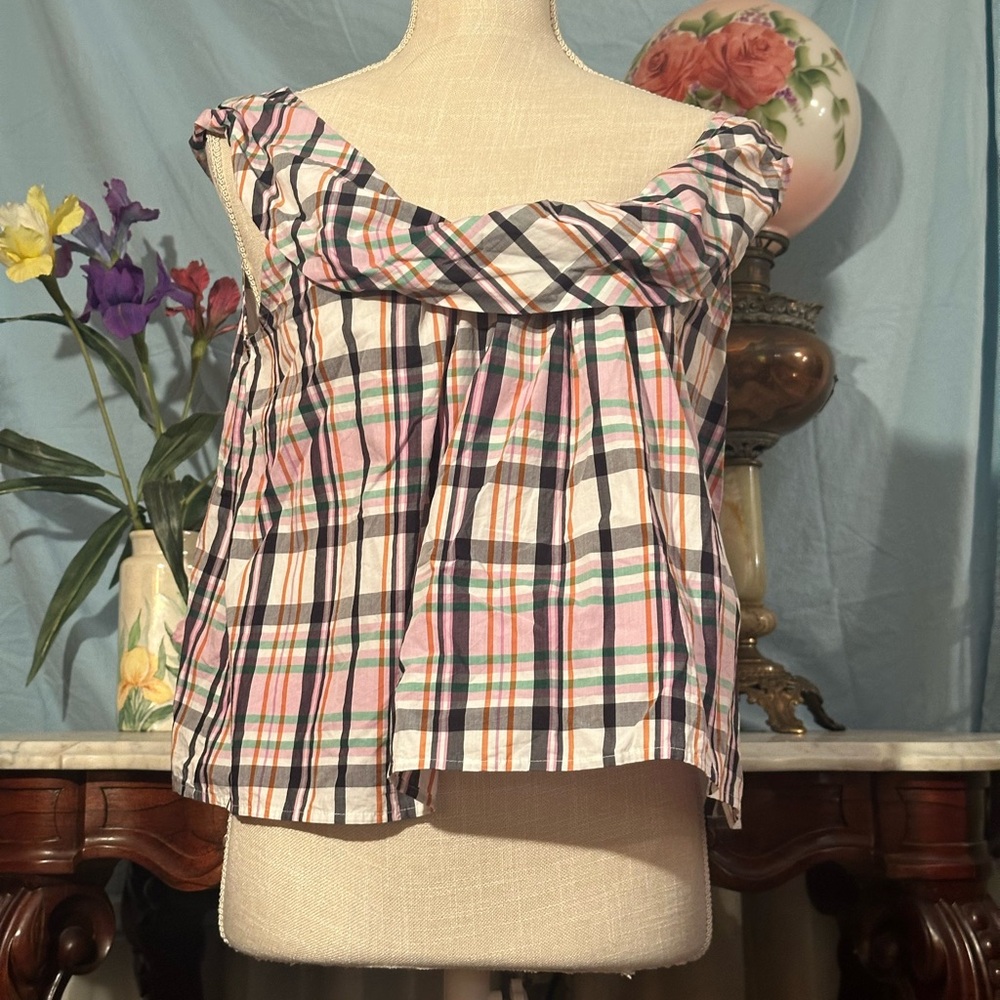 J. Crew Multicolor Plaid Off-Shoulder Blouse
